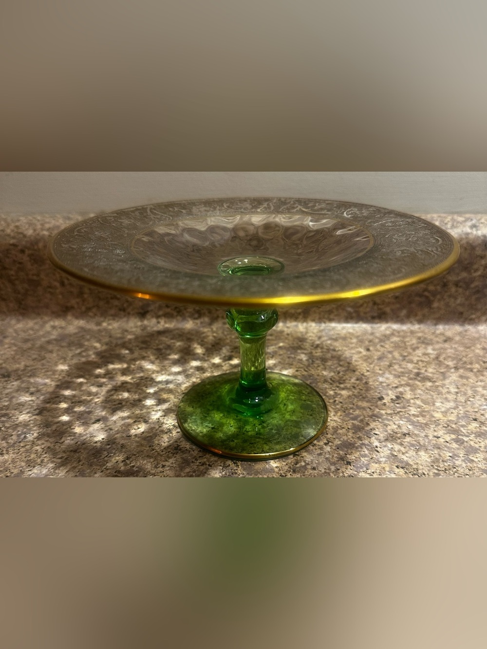 Vaseline Green Clear Glass Compote 24K Gold Rim Candy Trinket Dish MCM Vintage